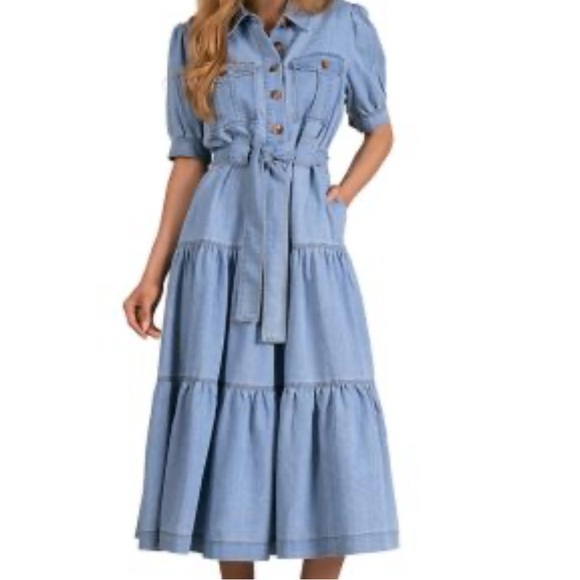 Elan Blue Denim Western Cowgirl Layered Maxi Belted Pocket Cotton Dress Small - Picture 4 of 9